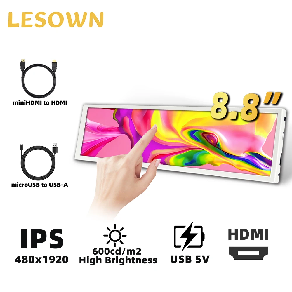

LESOWN 8.8 inch 480x1920 IPS Stretched Bar Display HDMI Touchscreen External Monitor Plug & Play Pc Sensor Panel for Laptop PS5