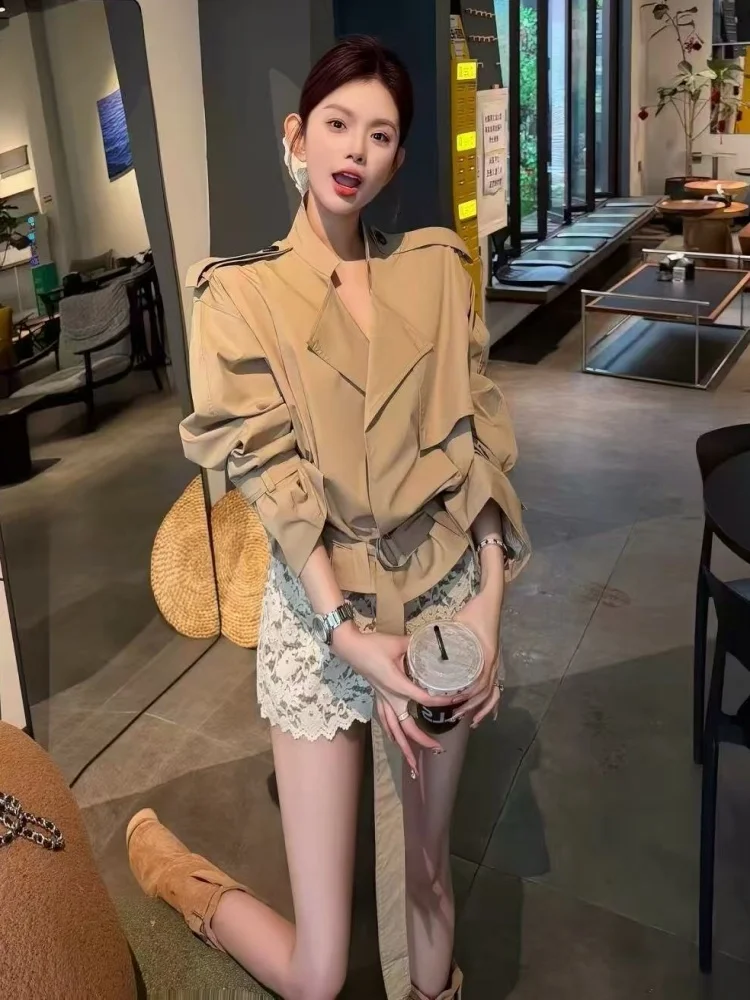 Retro British Style Khaki Short Coat Jacket Lace Half Skirt Two Piece Set Women's Fashion Autumn Collection Casual Wear
