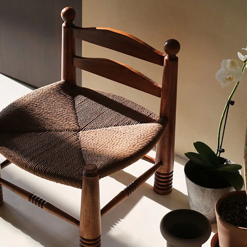 French retro braided rope chair children's low stool rattan designer home