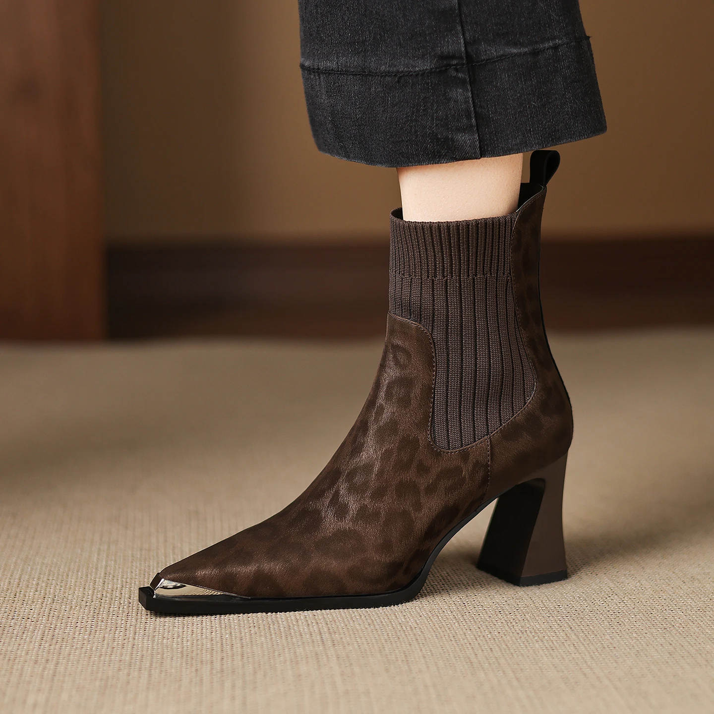 

Handmade Genuine Leather Womens Shoes Ankle boots Pointed Toe winter woman boots,knight boots,Modern Booties leopard High Heels