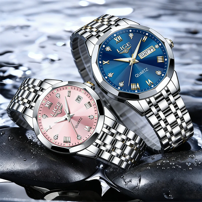 LIGE Fashion Couple Watches Waterproof Valentine Day Lover Gift Stainless Steel Watch Men Women Quartz Watch 2pcs Montre Homme