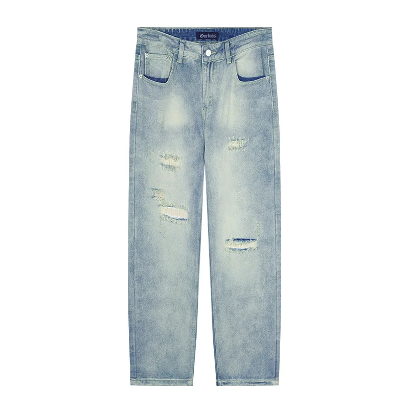 2023 New Distressed Jeans Men's Trend Versatile Autumn Straight Loose Light Pants men clothing  ripped jeans