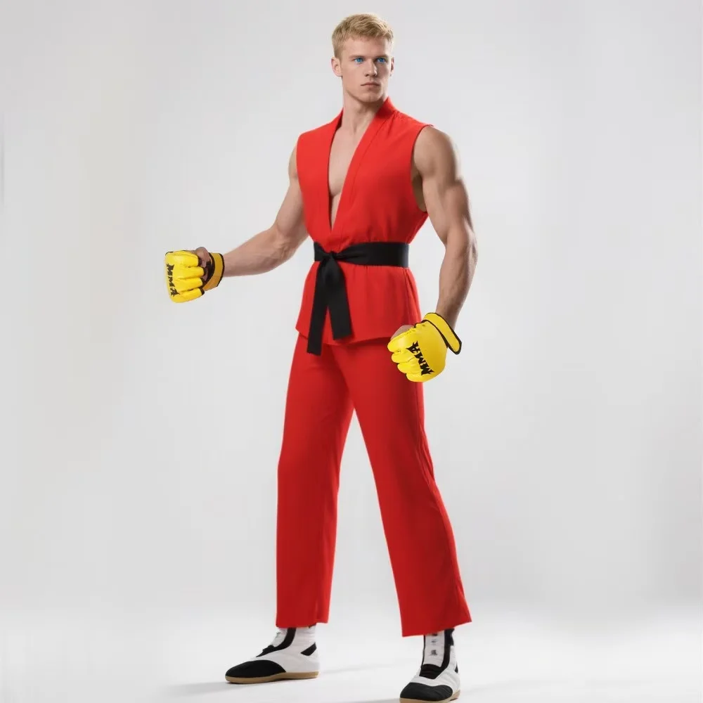ストリートファイターのリュウとケンのコスプレ衣装。赤と白の武道着にベルトが付いた、大人用の男性向け空手着。