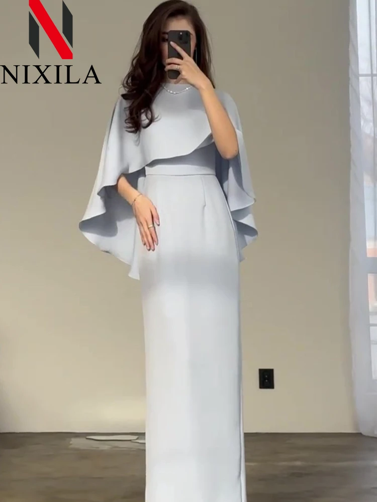 

New in Spring Summer Solid Color Satin Elegant Bat Shawl Style Waist Commuter Dress Fashion Long Maxi Dresses for Women Clothing