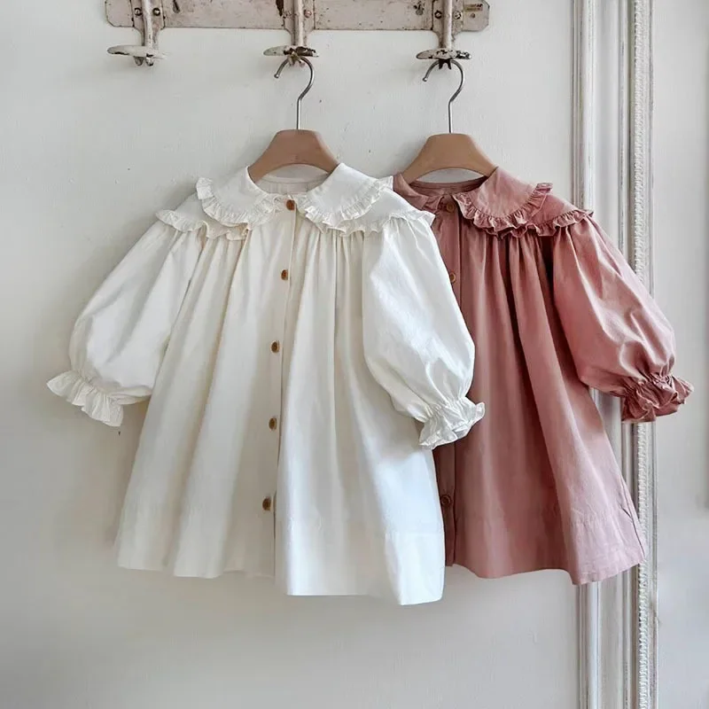 

2025 Spring New Children Long Sleeve Casual Dress Cotton Girls Cute Loose Puff Sleeve Dress Toddler Cardigan Dress Kids Clothes