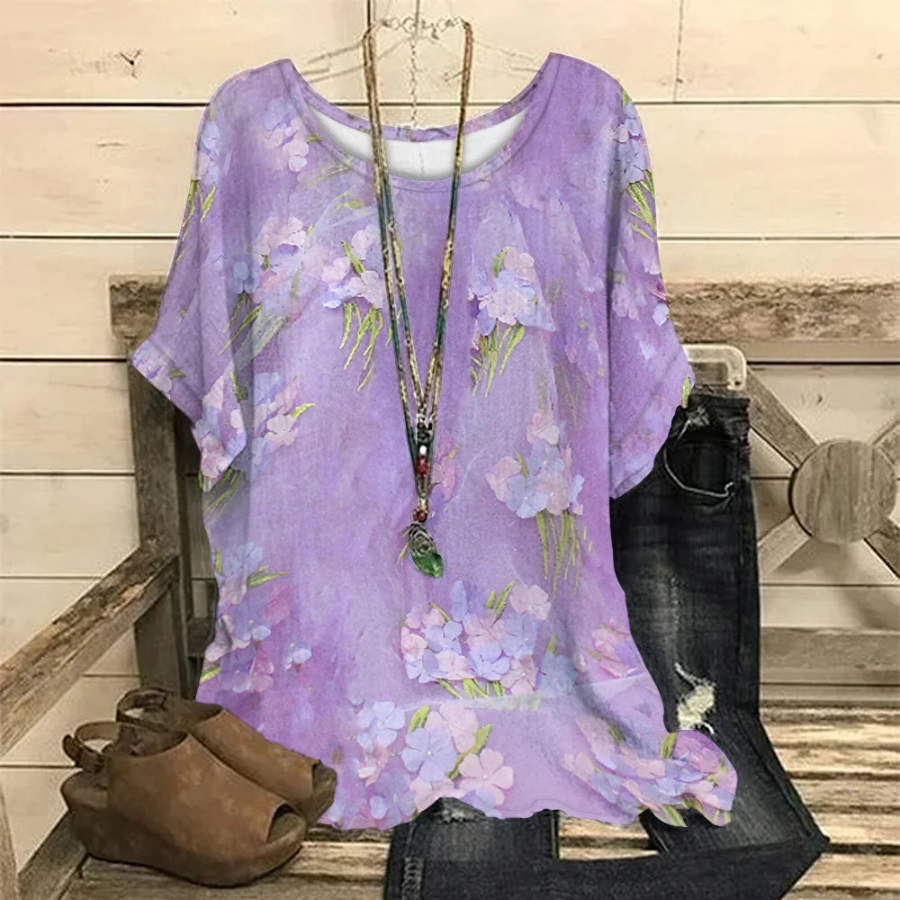 Women O-Neck T-Shirts Floral Print Casual Pullover Loose Short Sleeves Purple Oversized Tee Shirt Female Fashion Clothing Summer