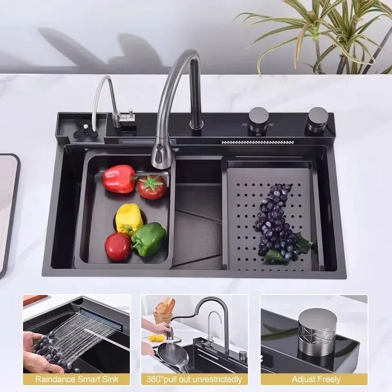 

【Best-selling】Waterfall Kitchen Sink 304 Stainless Steel Sink Large Single Slot Sink With Waterfall Faucet for Kitchen