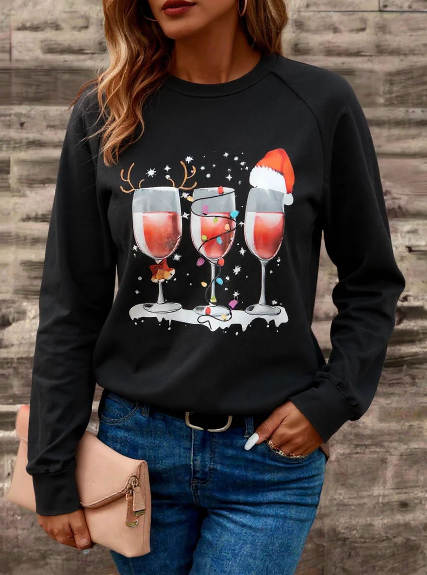 Women's Knit Sweatshirt Wine Glass Santa Print Top For Christmas Party Autumn Winter Long Sleeve Pullover Women T-Shirt S-XXL