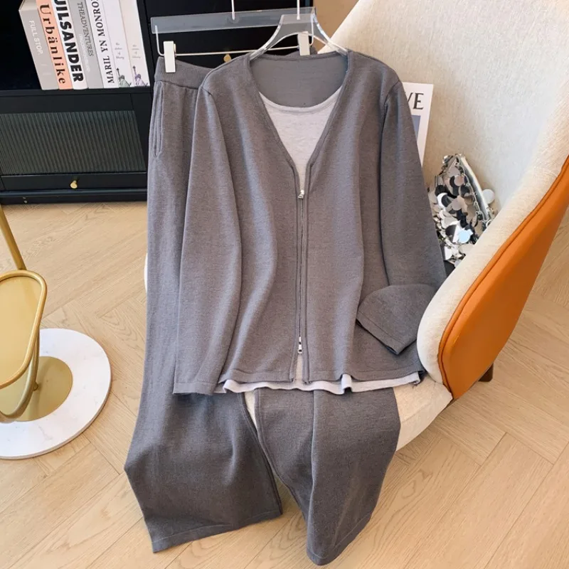 Ensemble Deux Pièces Vintage en Tricot pour Femme, Couleur Unie, Décontracté, Sweat à Capuche avec Fermeture Éclair, Taille Haute, Pantalon à Jambes Larges, Automne Hiver