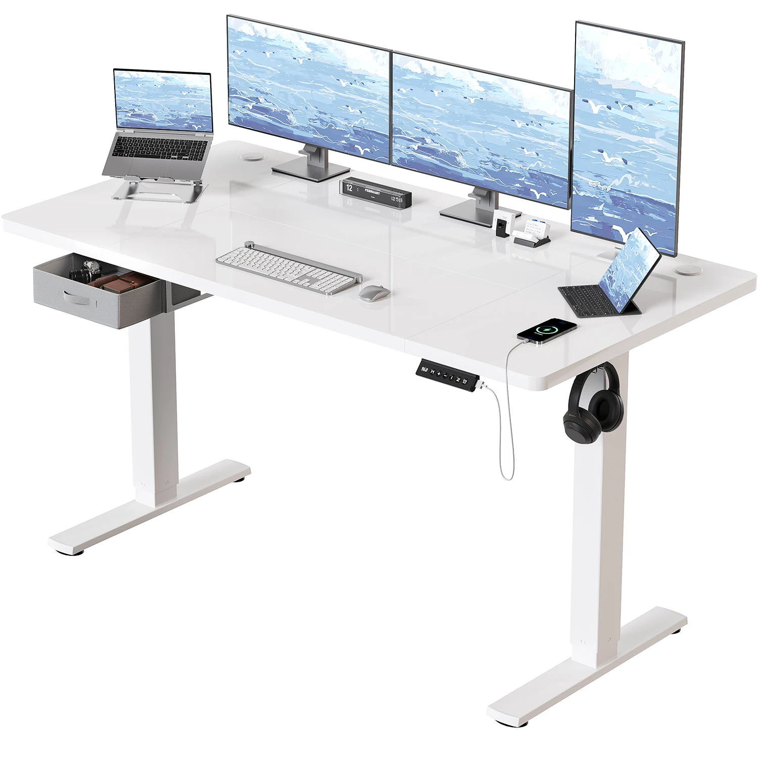 Devoko Bureau réglable en hauteur 160x80cm Bureau réglable en hauteur avec tiroirs Port de chargement USB-A Ordinateur