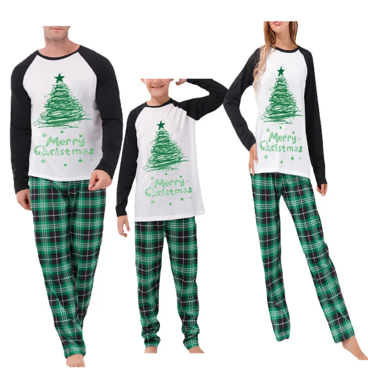 Merry Christmas Green print Mom Dad Kids Matching Pajamas Set 2 Pieces Suit Baby Romper Soft Loose Xmas Family Look Pyjamas