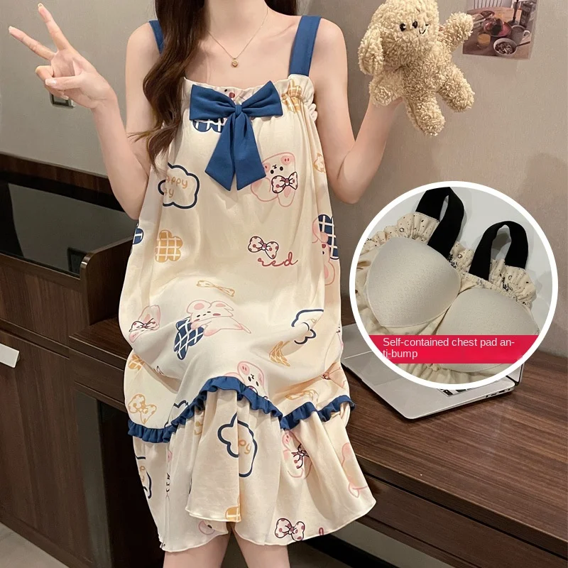 

Chest Pad Women Nightgowns Cotton Sleepwear Dress Princess Night Dress Bear Print Night Gown Pajamas Sling Sleeveless Nightwear