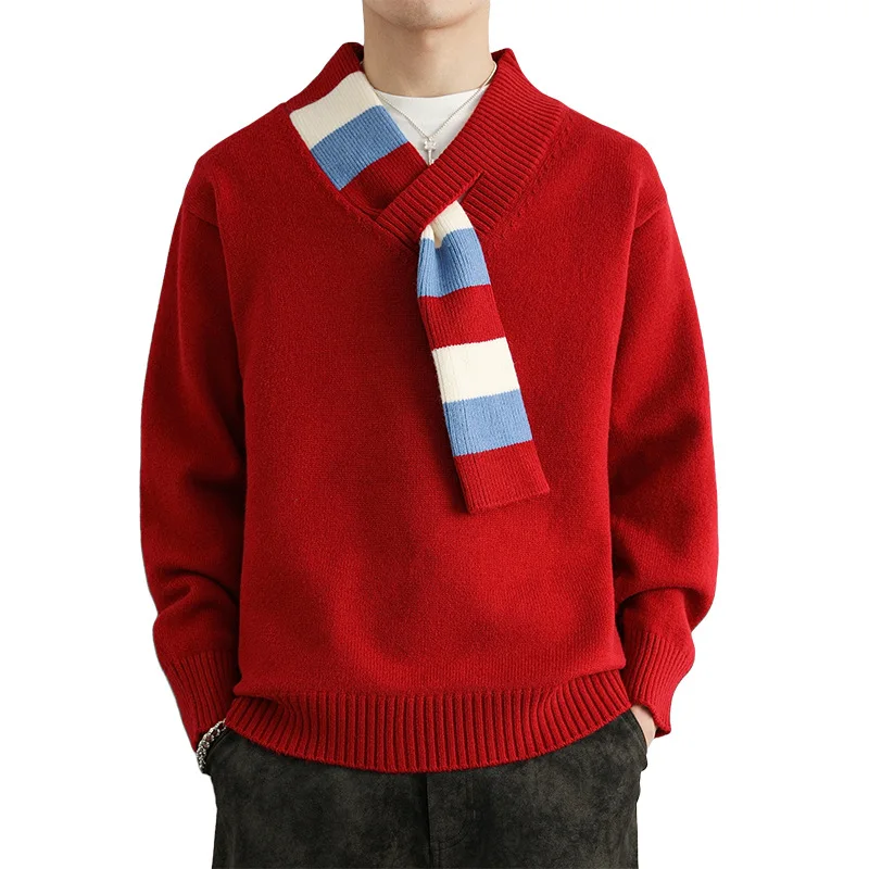 2025 men's fashion design sense, autumn, scarf v-neck knitted sweater