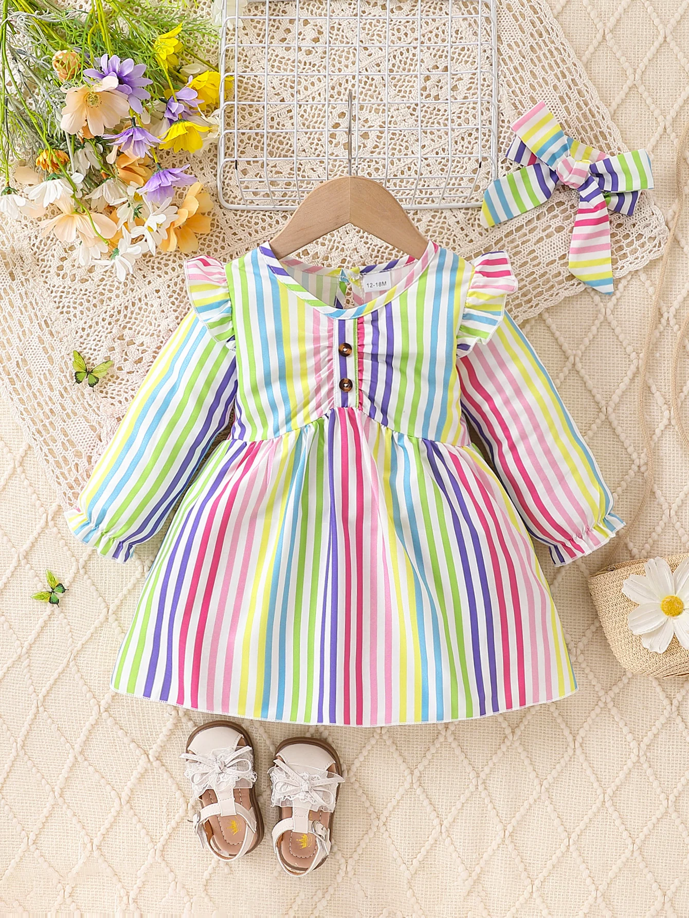 

Комплект платья в красочную полоску для девочек, свежий сладкий стиль, с рукавами-пузырьками на плечах и плиссированными украшениями