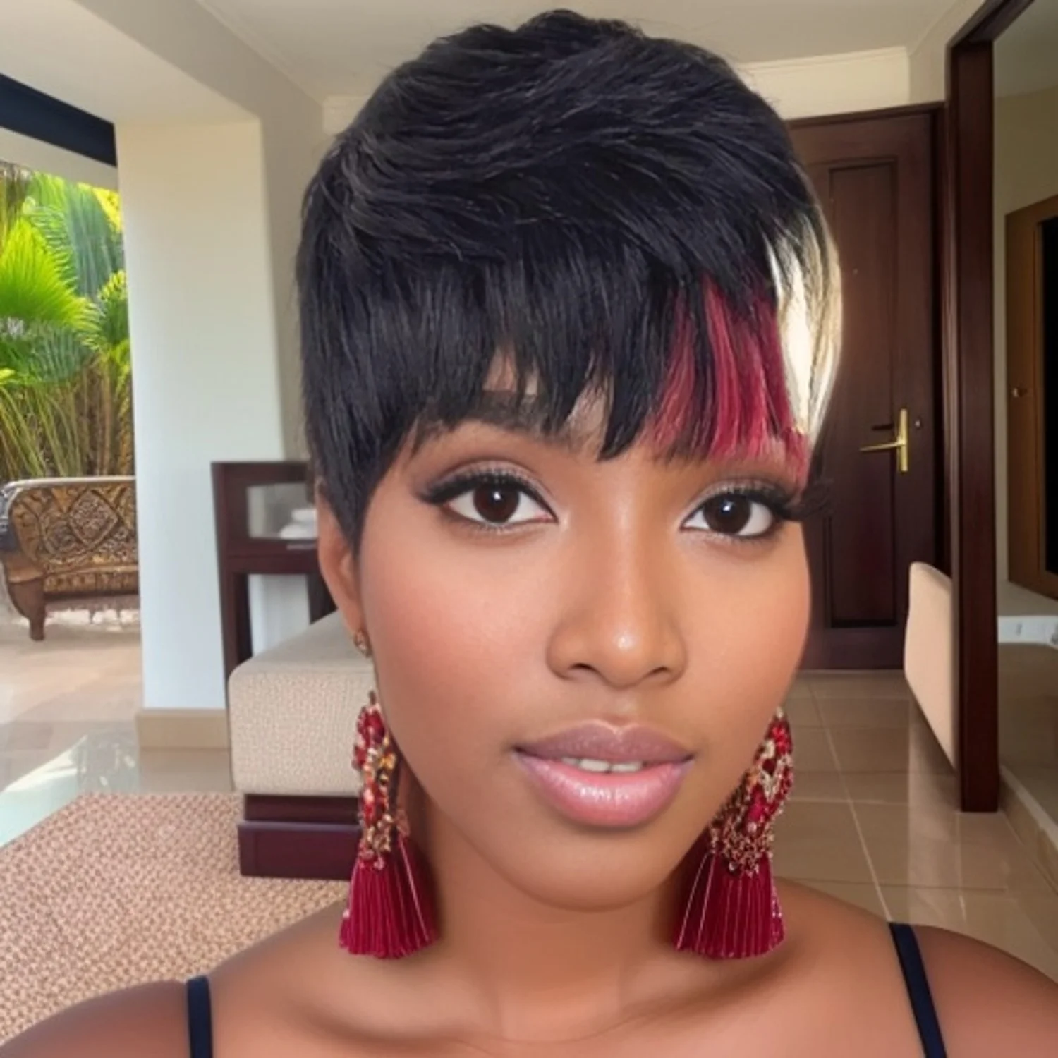 브라질 인모 1b/레드/613 블론드 컬러 픽시컷 일상용 전체 기계 제작 가발