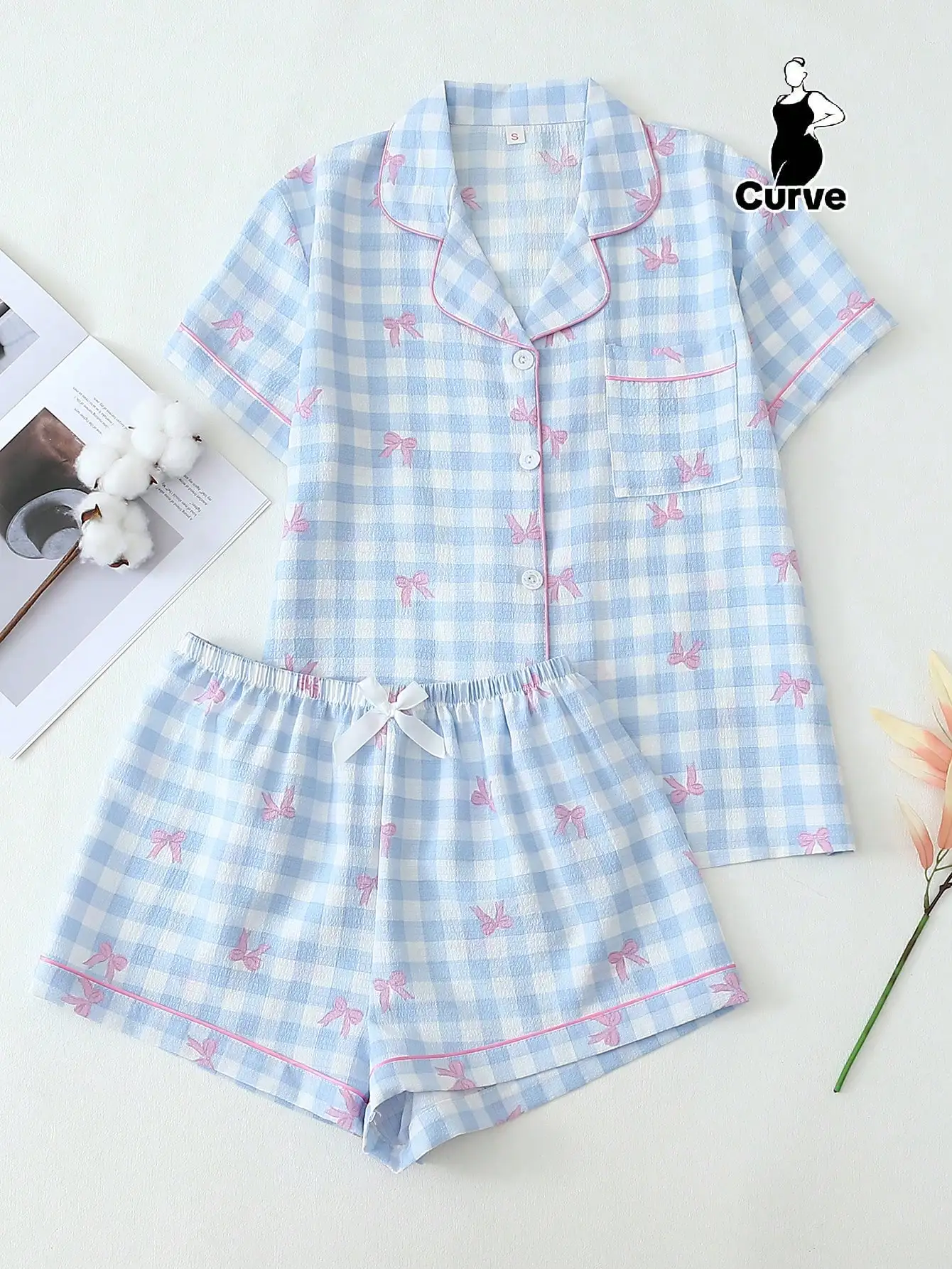 

2-Piece Women's Blue White Gingham Bow Print Pajama Set with Collar Top & Shorts