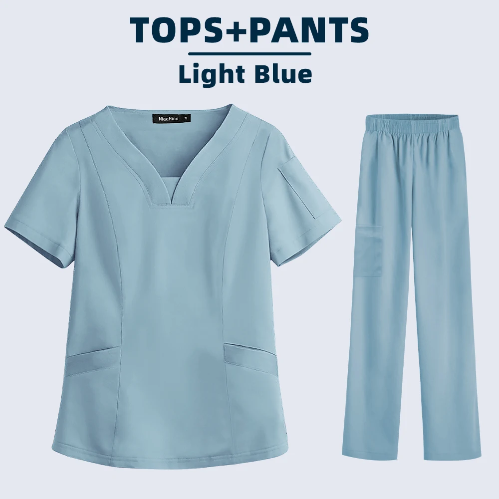 Solid Color Unisex Surgical Gown Pocket V-neck Scrubs Set for Women Joggers Wholesale Scrub Suit Hospital Uniform Nurse Workwear