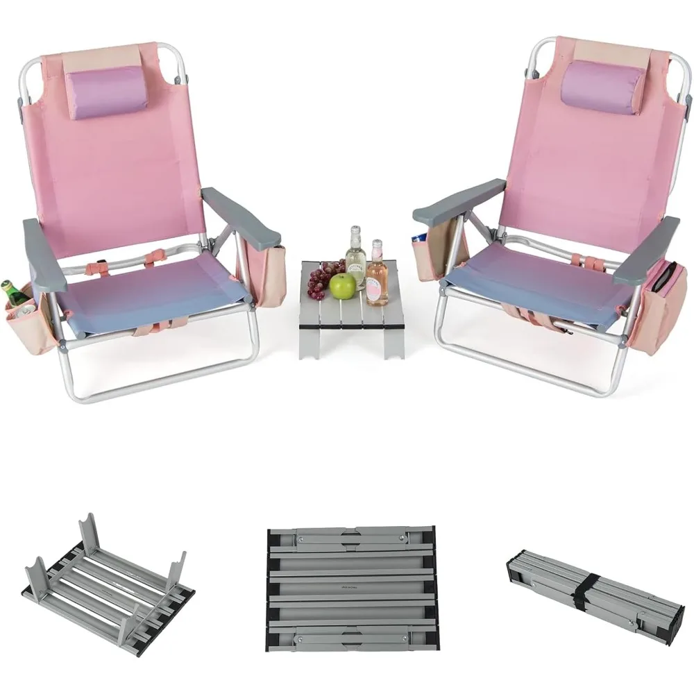 

Folding Beach Chair, Patio Sling Chairs with 5 Adjustable Position, Head Pillow, Storage Bag, Towel Bar, Cup Holders, Backpack