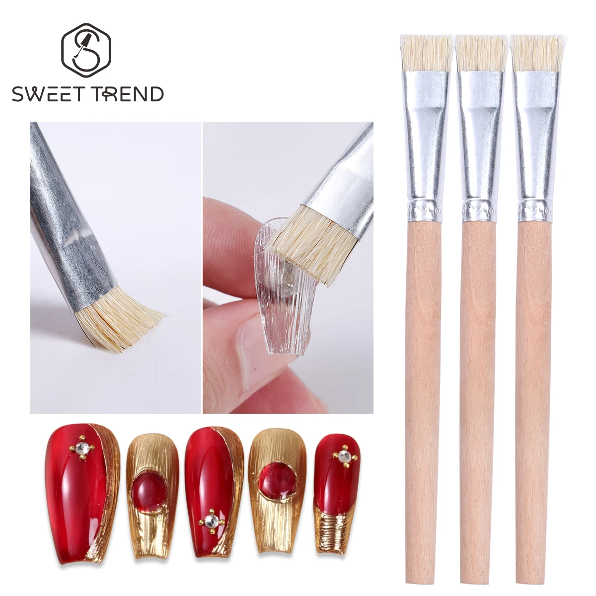 3pcs Wooden Handle Nail Texture Modeling Hard Bristle Brush Drawing Wave Metal Wire Effect Tools Manicure Painting Pen Supplies