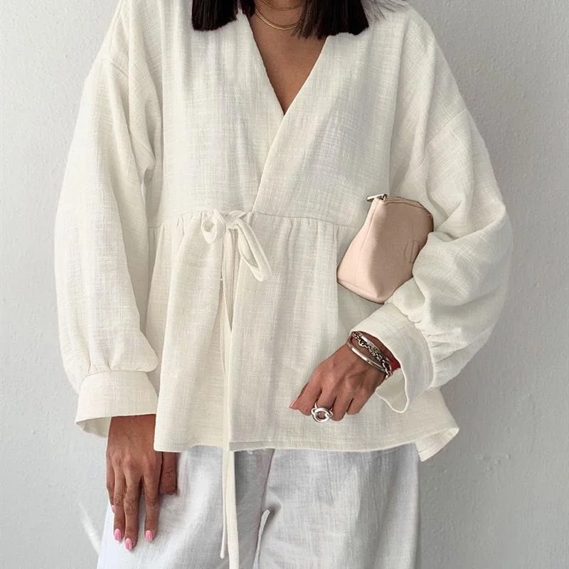 Ele Long Sve irt Avvolgente con lacci Slim Fit da donna irt Pure Color irt Sli Temperamento Longsved irt