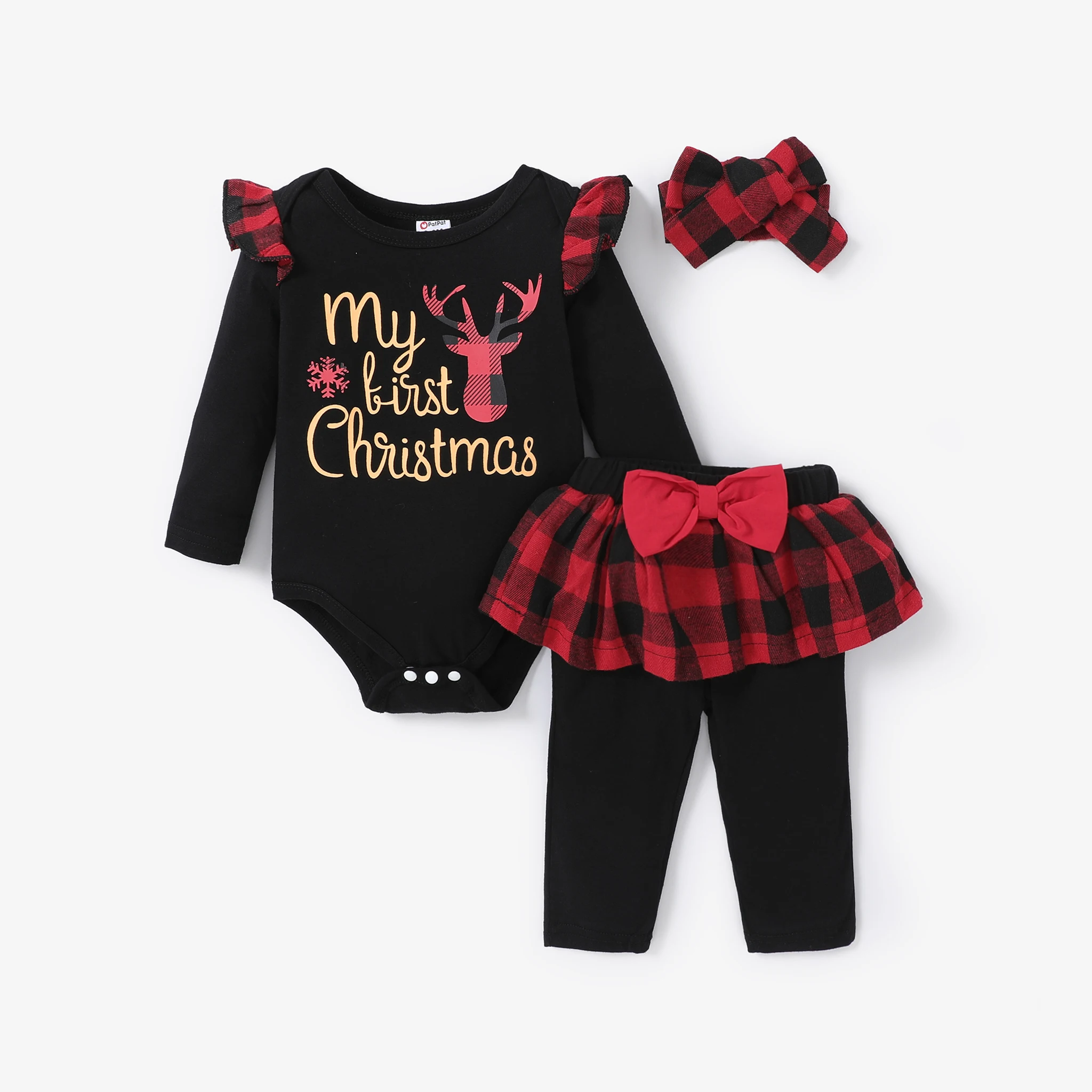 

PatPat Christmas 3pcs Baby Girl 95% Cotton Ruffle Long-sleeve Graphic Black Romper and Plaid Spliced Pants with Headband Set