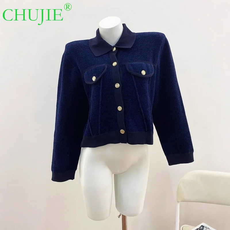 

CHUJIE 2022, осенне-зимний новый темно-синий бархатный элегантный модный универсальный короткий кардиган с отложным воротником