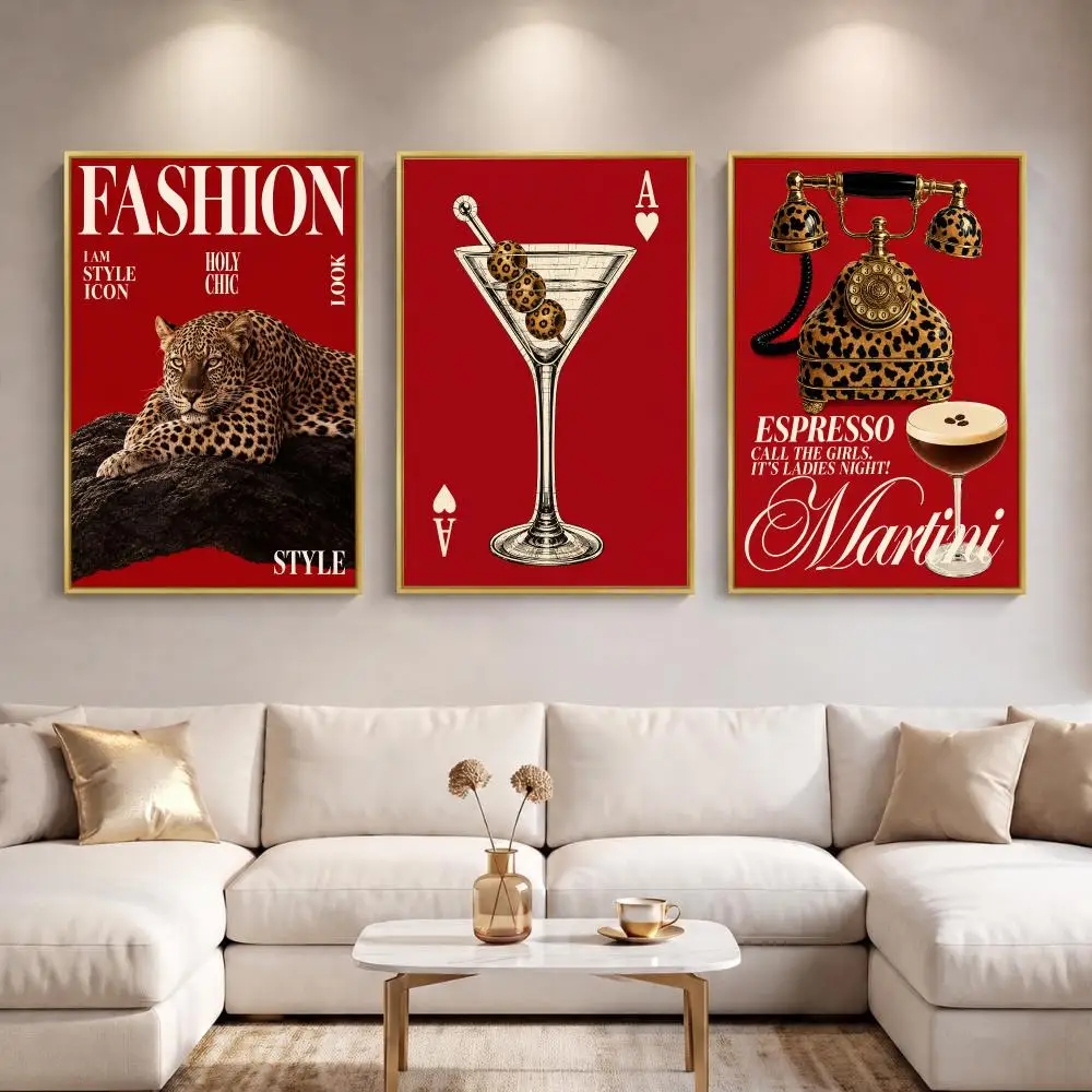 Martini Cocktail Vintage Magazine Style Painting Calligraphy 3 PCS Canvas Wall Art Prints for Living Room Decor Fashion Decals