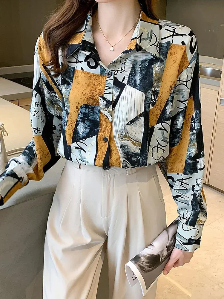 Spring Autumn Women\'s Shirt New Korean Retro Loose Contrast Color Leopard Chiffon Blouse Commuter Long Sleeve Tops GD271