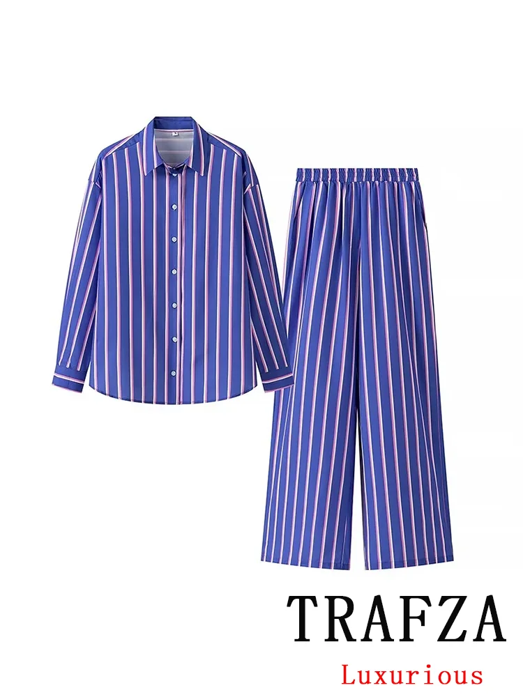 TRAFZA Vintage Casual Striped Women Suit Single Breasted Long Sleeve Shirt Loose Long Pants Chic Fashion 2024 Autumn Basics Sets