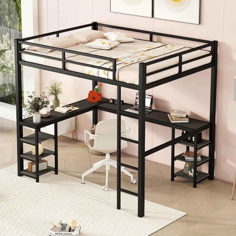 Full Size Loft Bed with Stairs and Desk, Metal Loft Bed with LED Light,  Bed Frame with Storage Shelves and Charging Station