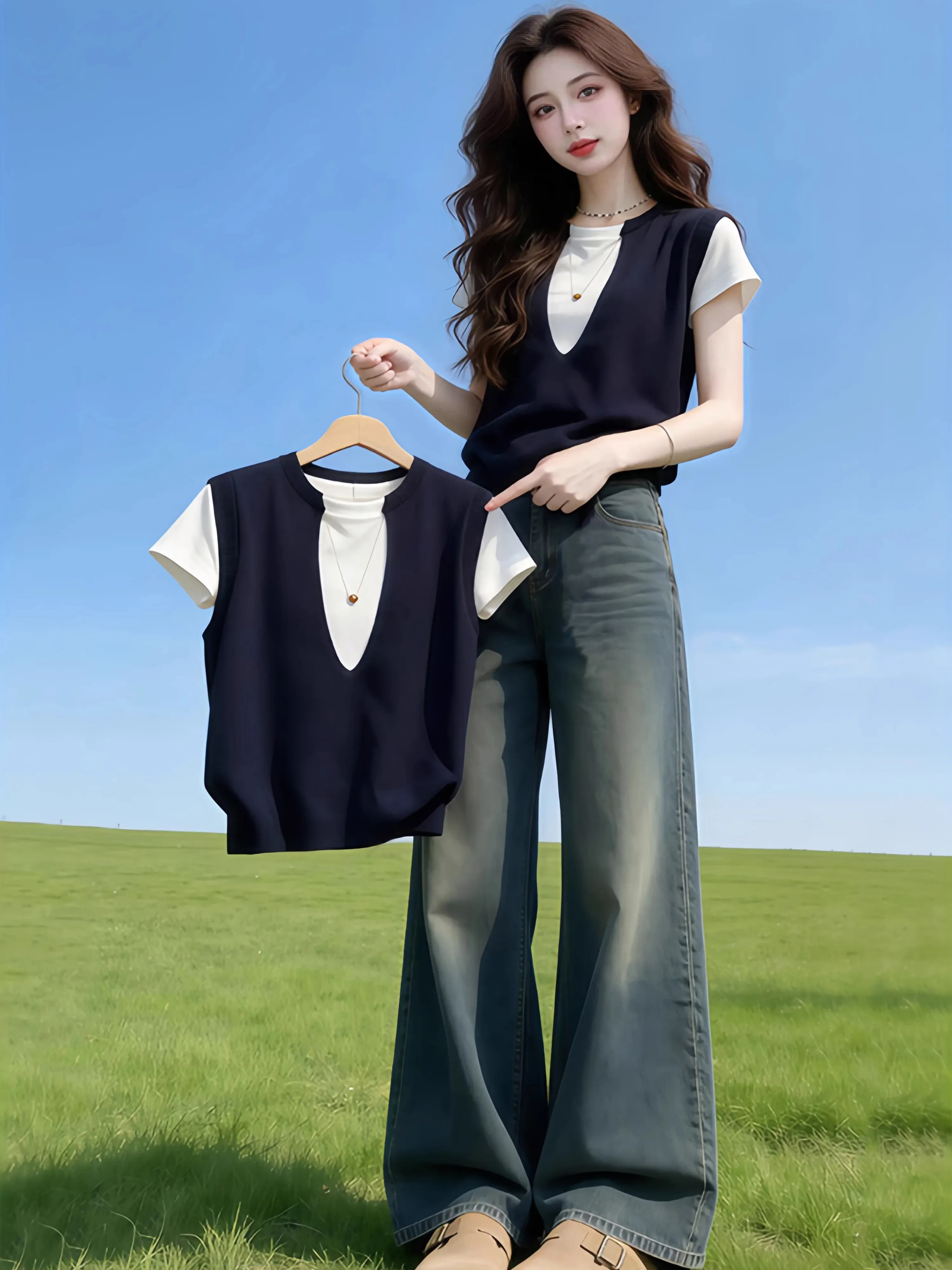 Unique Black Gradient Color Block Short Sleeve T-Shirt Women's Summer Casual Style Fake Two-Piece Top Breathable Comfortable
