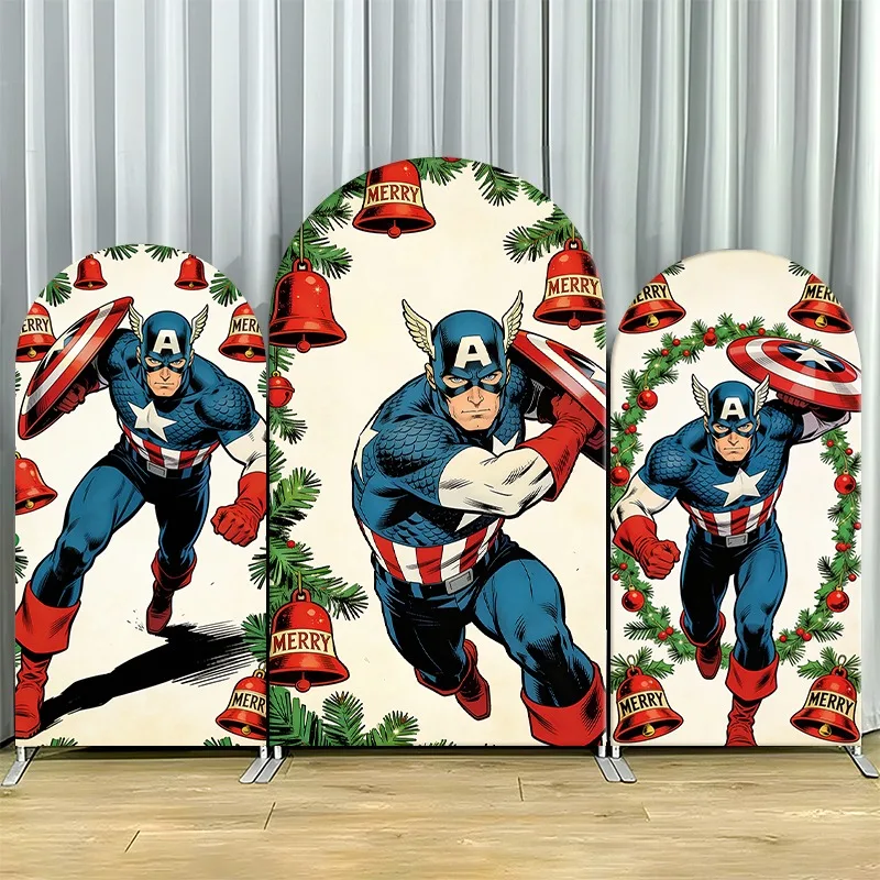 

Arch Backdrop Cover Single Side Captain America Holiday Bells Wreaths Festive Party Decoration Photo Booth Background Props