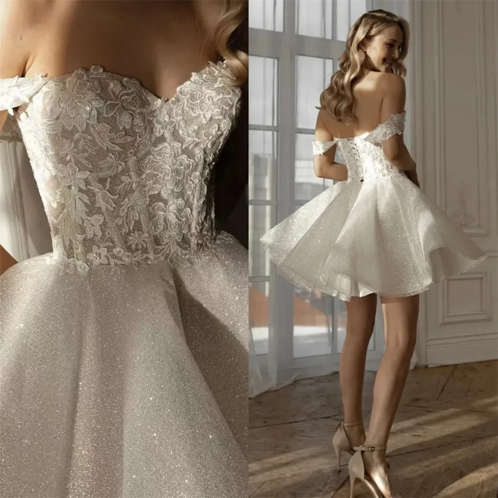 

Customized White Lace Embroidery Glitter Prom Dresses Sweetheart Neck Vestidos Mini Ball Gown Wedding Party 2025