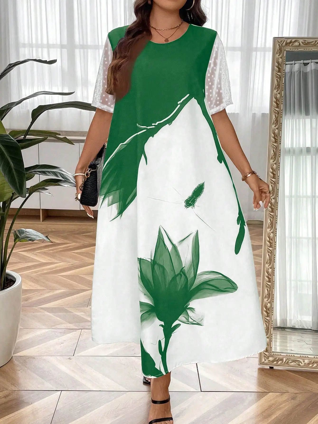 Vestido maxi de mujer talla grande con estampado floral y mangas de malla, vestido largo casual con cuello redondo y corte en A, bloques de color verde y blanco para damas