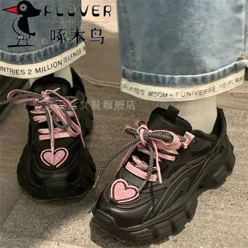 Women Buffalo Shoes Pink Heart Platform Sneakers Casual Vintage Vulcanize Kawaii Korean Sports Tennis Female Spring Summer