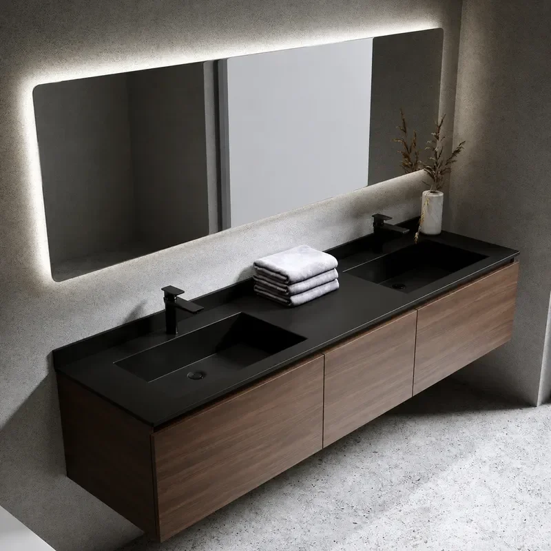 Rock Slab Bathroom Cabinet with Double Basin Solid Wood Smart Walnut Vanity Unit Light Luxury Style Storage Furniture
