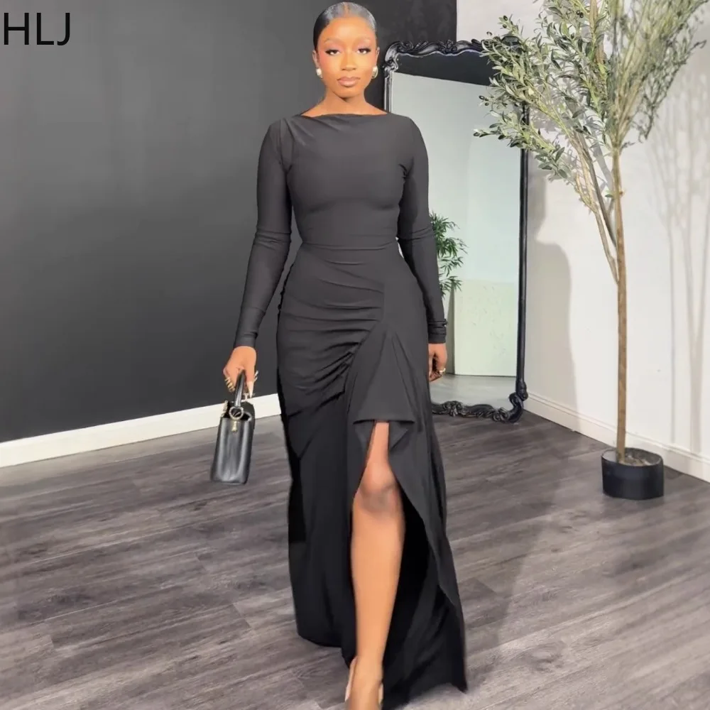 เดรสทรงบอดี้คอนผ้ารัดรูปแต่งระบายสไตล์เซ็กซี่ แขนยาว สีพื้น ผ่าสูงแบบไม่สมมาตร สำหรับผู้หญิง สไตล์สตรีทแวร์