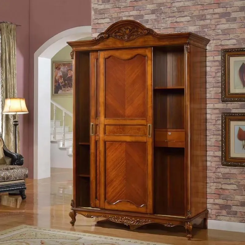 American Country Style Solid Wood Wardrobe Double Door Sliding Large Bedroom Storage Cabinet Mobile Assembly European Design