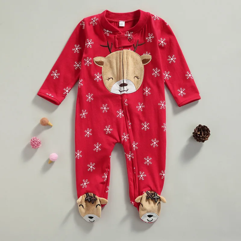 0 to 9 Months Christmas Baby Girl Boy Romper Snowflake Deer Embroidery V-Neck Long Sleeve Jumpsuit Baby Clothing