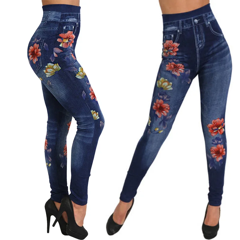 Women\'s Pants Printed Seamless Imitation Denim Tight Leggings Sexy Leg Wrap Pants Cropped Pants Pants women