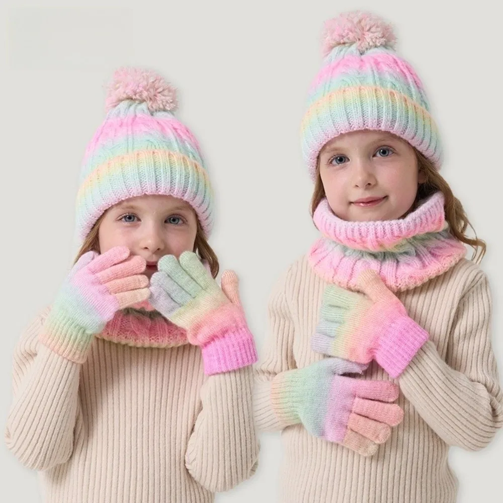 

Gradient Color Baby Hat Scarf Gloves Set Warm Ears Thickened Toddler Knitted Hat Cute Pompom Keep Warm Hat Set Girls