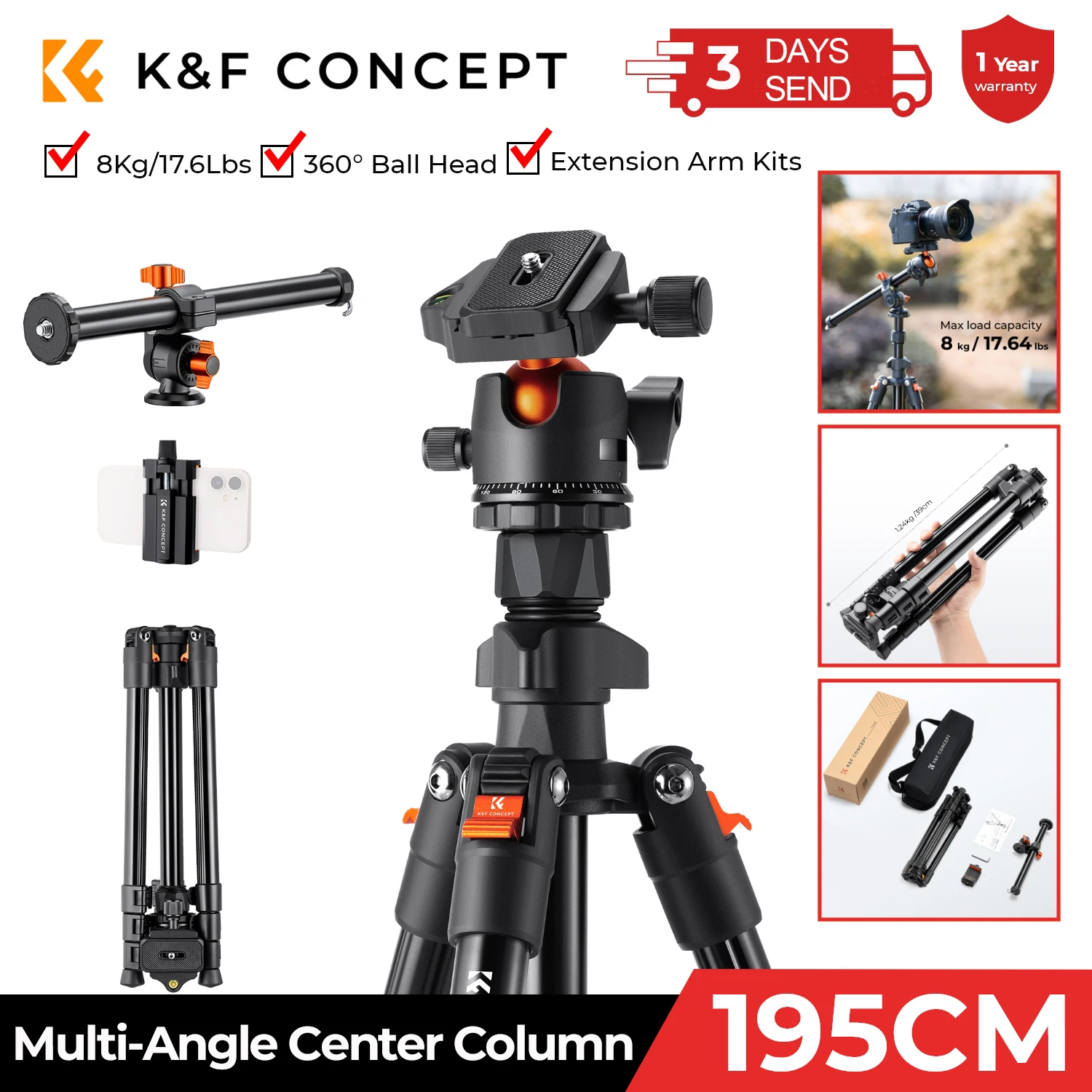 K&F CONCEPT 76.7 inch Camera Tripod Rotatable Multi-Angle Center Column Lightweight Travel Outdoor DSLR Tripods For Camera Phone