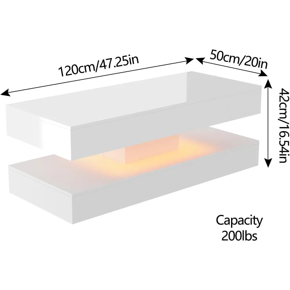 47.3IN High Glossy LED Coffee Table,APP LED Lights,Black/White, Modern Furniture for Living Room (White)