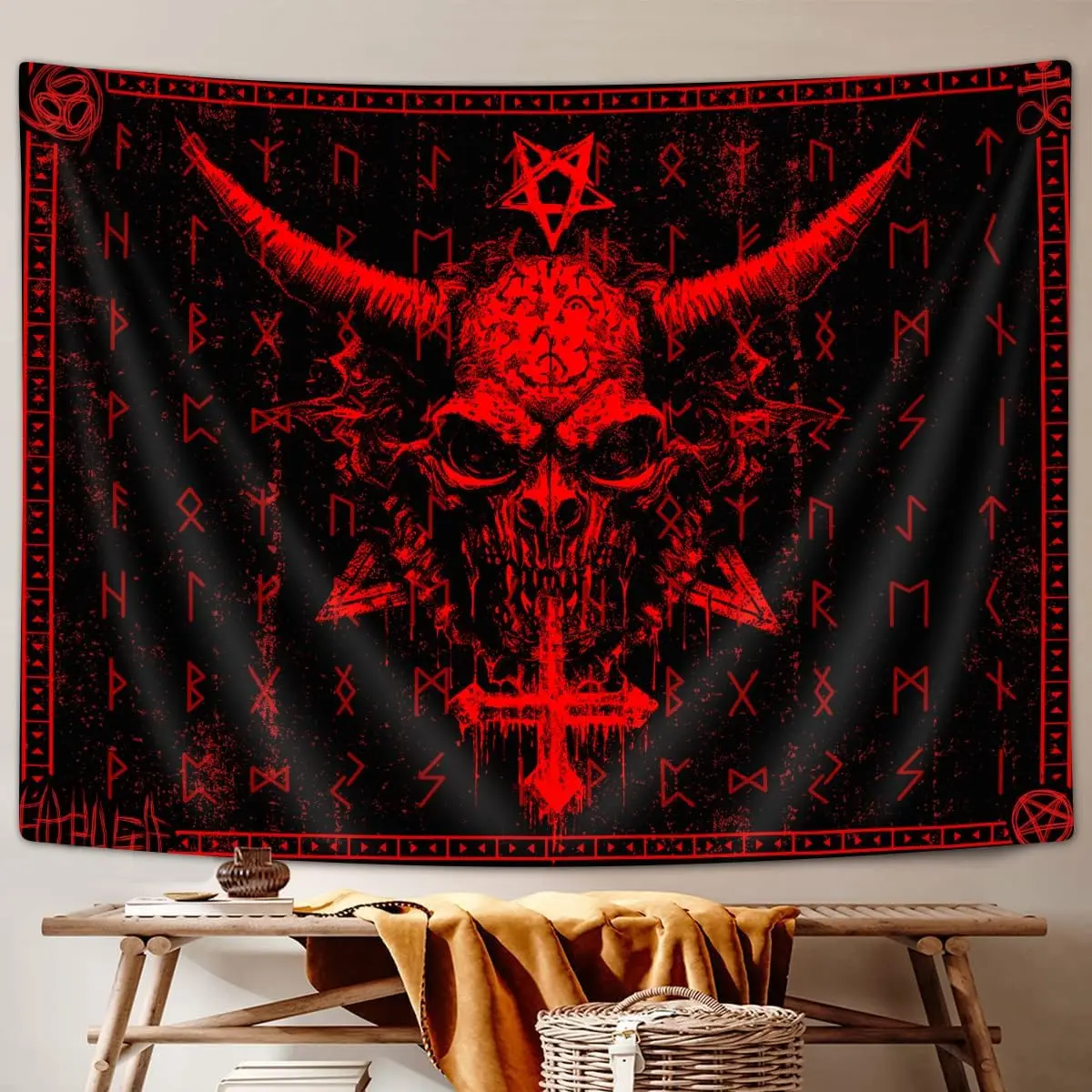 Demon Skull Wall Tapestry Gothic Red Black Occult Art Dark Fantasy Decor Heavy Metal Rock Room Hanging Statement Design