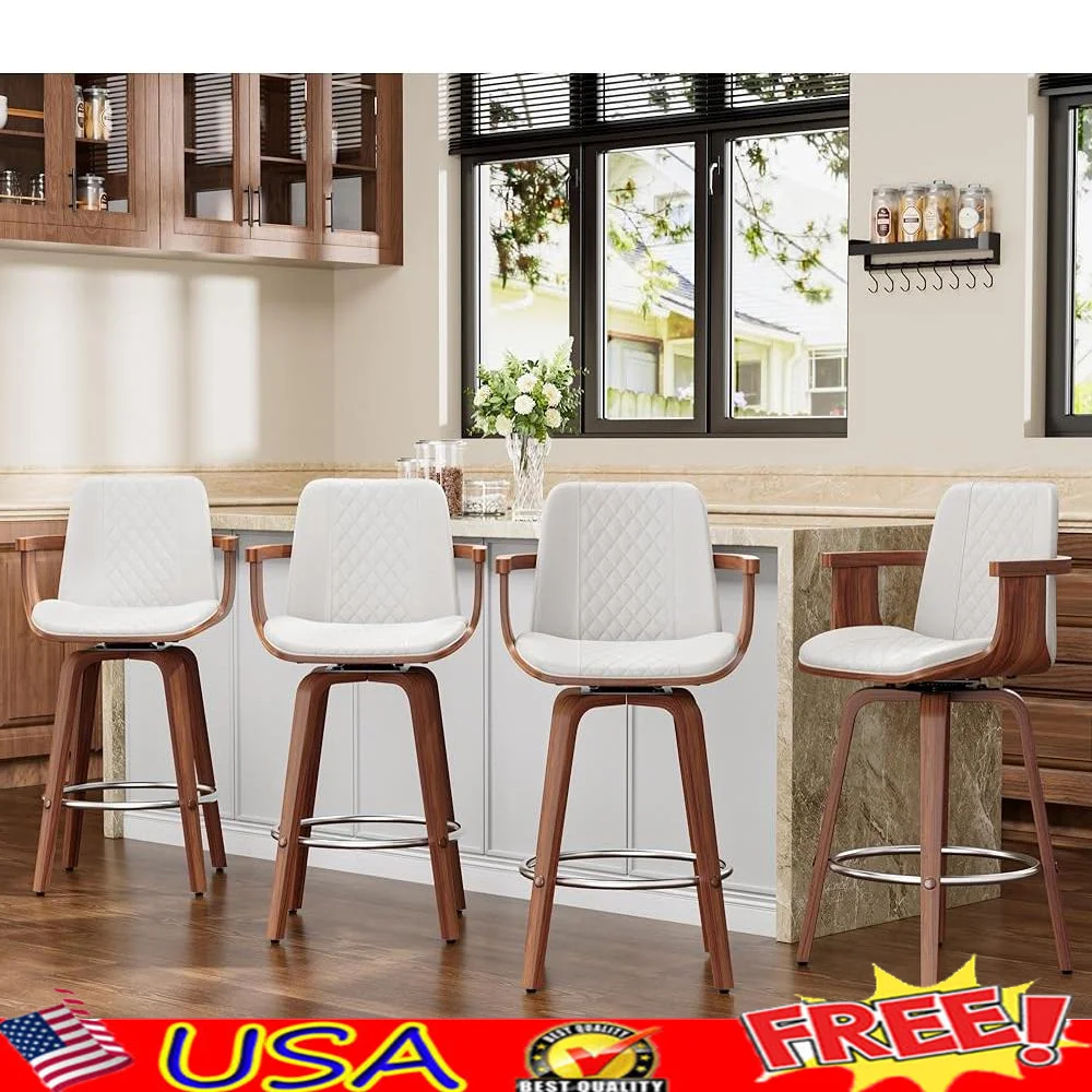 Set 4 Kursi Bar Putar Kursi Tinggi Konter Bentwood Modern Abad Pertengahan Kulit PU Desain Ergonomis Dapur Kafe Rumah