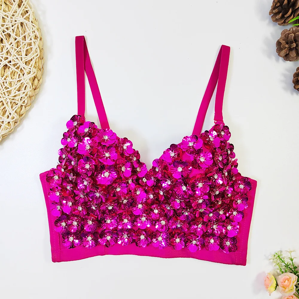 Gorgeous 3D Floral Crystal Beaded Fishbone Bras Perfect for Dancewear Sexy Lingerie Body Women Corset Bralette Push Up Crop Tops