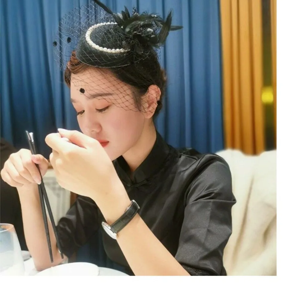 New Elegant Bridal Headwear Vintage Mesh Pillbox Hats Pearl Flower Temperament Fascinators Hat For Women