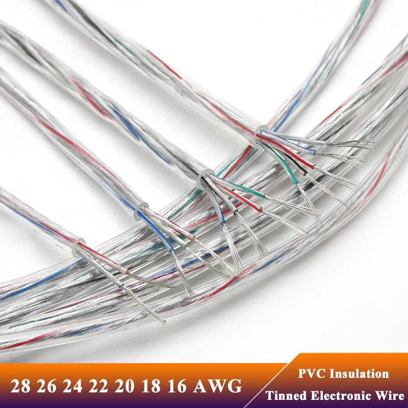 1/2/5m Transparent Power Cord 28/26/24/22/20/18/16AWG PVC Insulation Tinned Copper Cable 2 3 4 5 Cores LED Light Electronic Wire