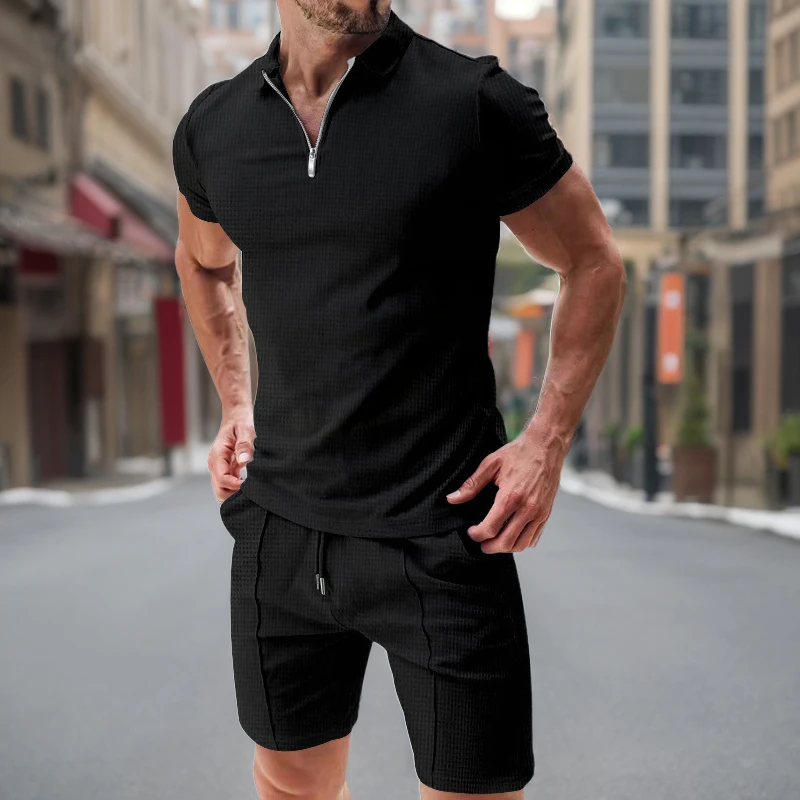 2026 Men Europe and the United States new summer Waffle solid color zip-up lapel short-sleeve suit shorts two sets