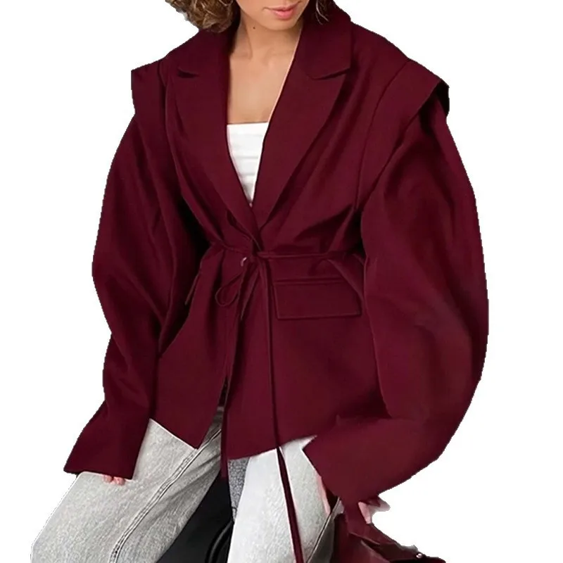 Women's 2026 Autumn/Winter New Style European and American Fashion Waist Slimming Strap Loose and Versatile V-neck Coat for Wome